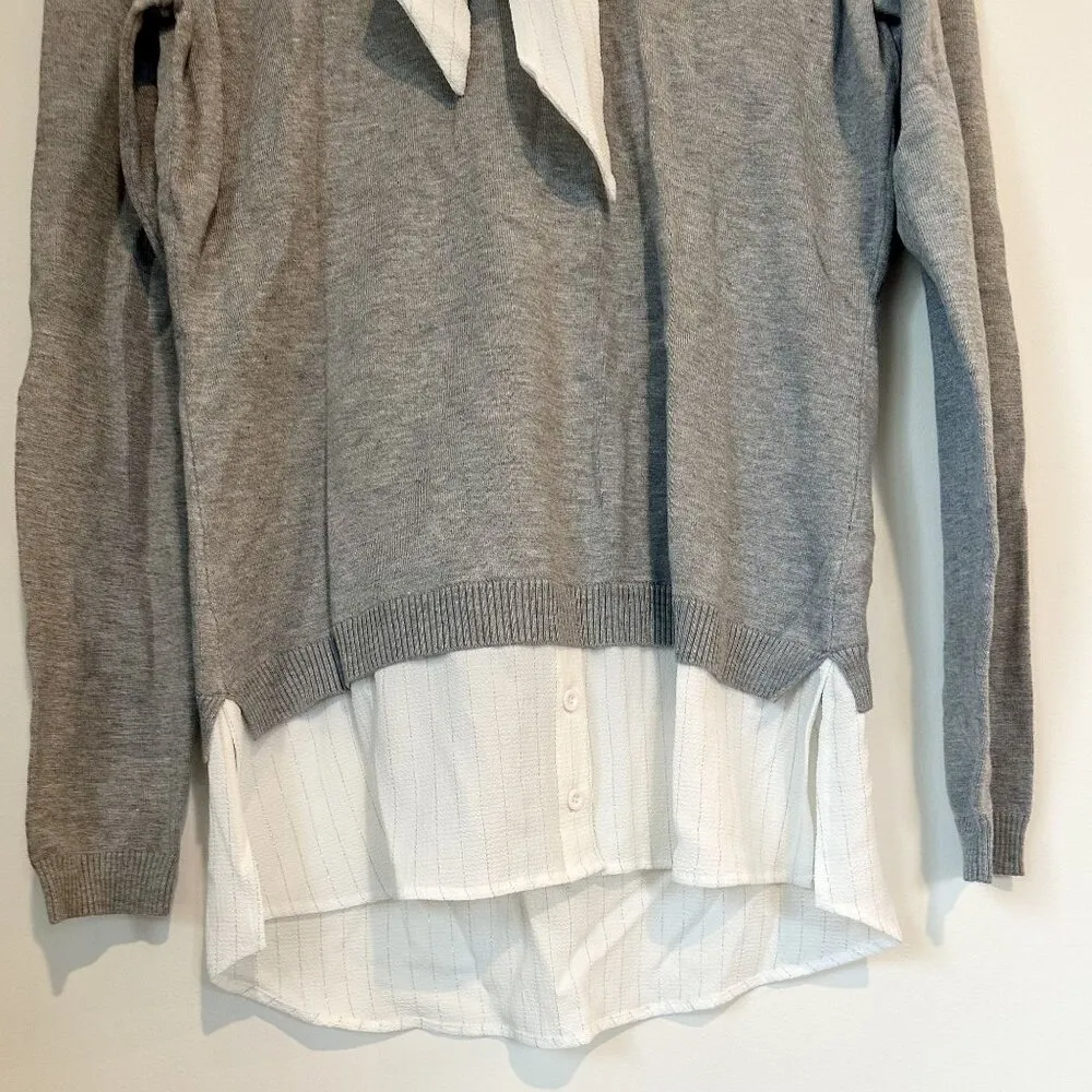 NWT Adrianna Papell Heather Gray Silver Lurex Sweater Faux Button Up Bow Detail - Image 5