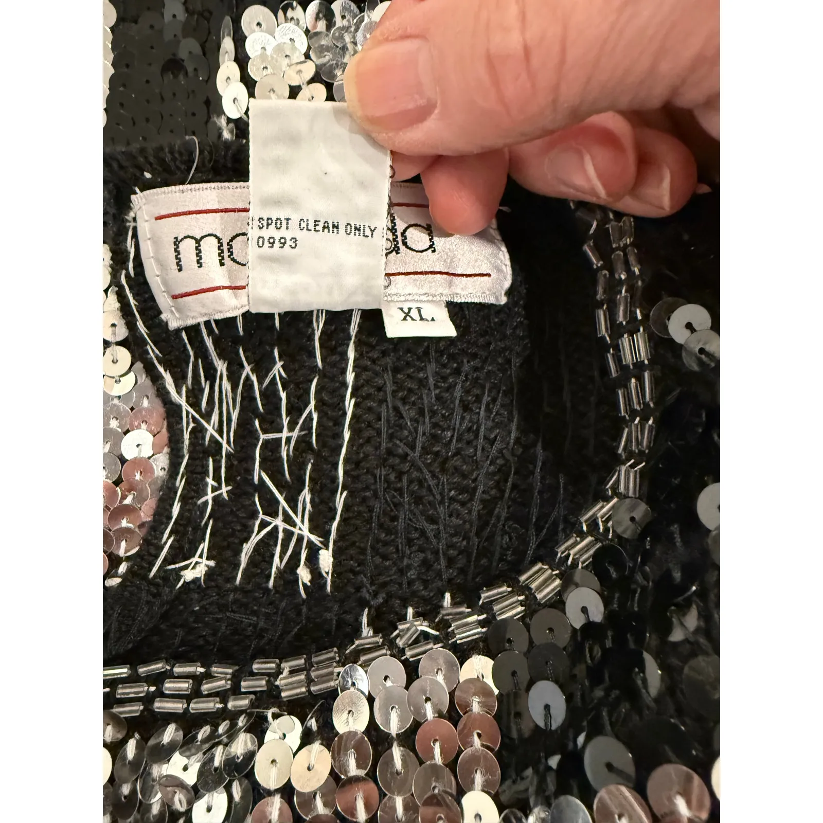 VTG Maurada Sequin Checkered Top Womens XL Black Silver Knit Glam Party Sweater - Image 6