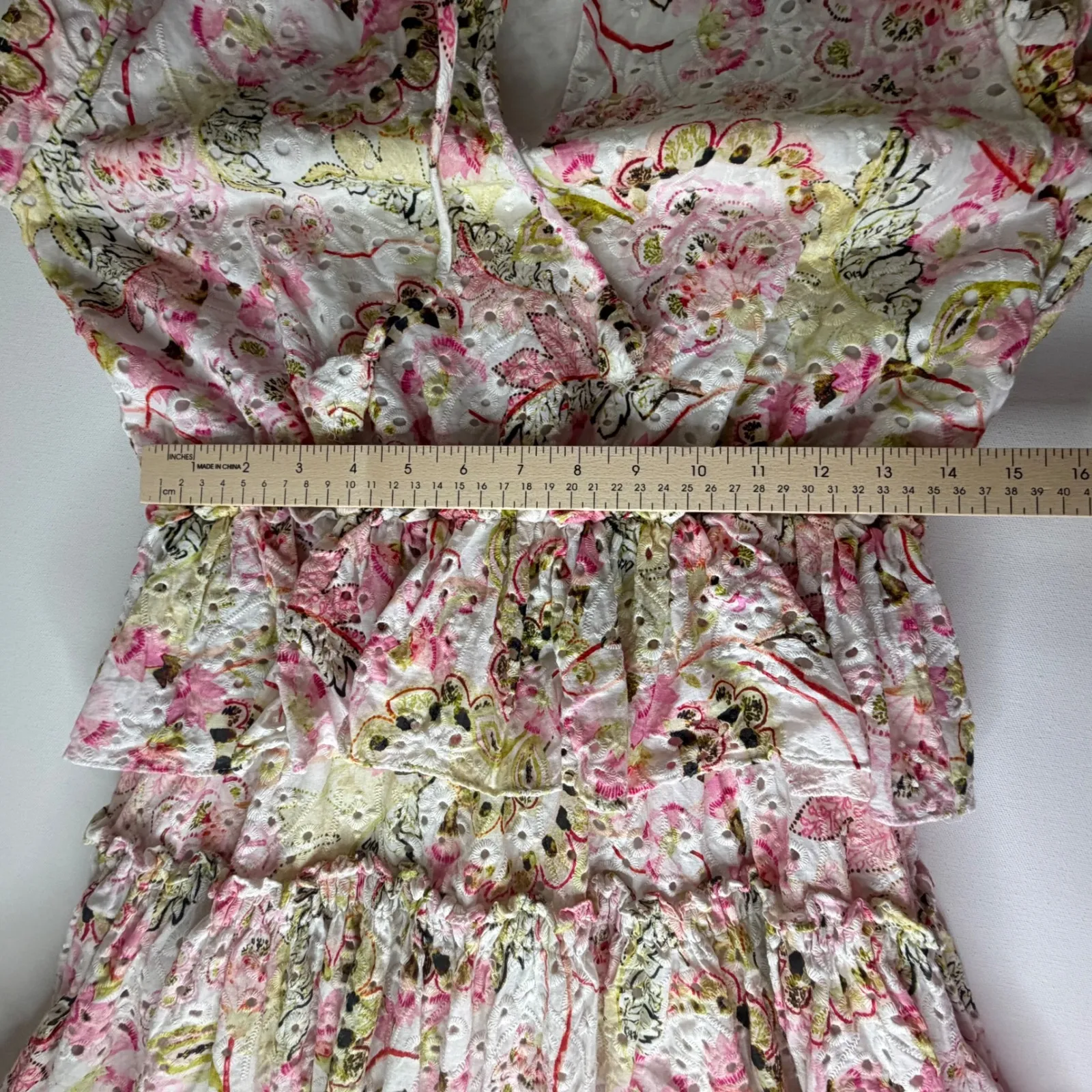 MISA Iliana Ruffled Eyelet Mini Dress Medium Pink Floral Tiered Coquette Cottage - Image 12