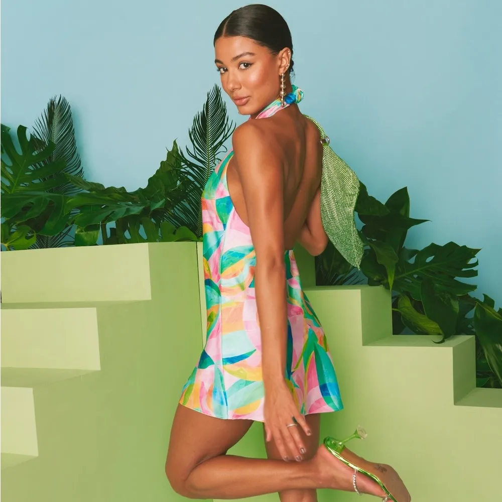 SHOW ME YOUR MUMU Jasmine Halter Mini Dress In Tropicana Burst Luxe Satin - Image 3