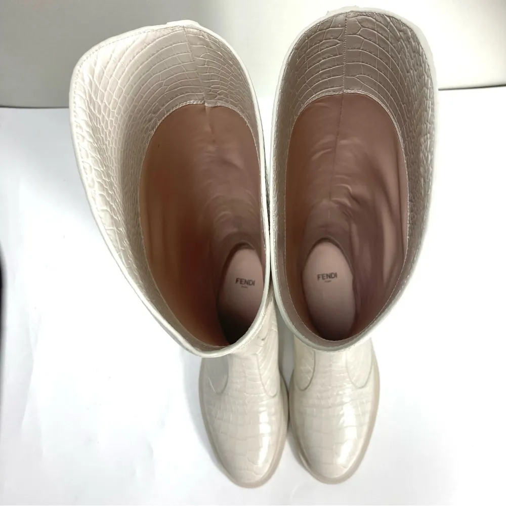 Karligraphy Logo Croc Embossed Riding Boots 37 White NEW - Image 10