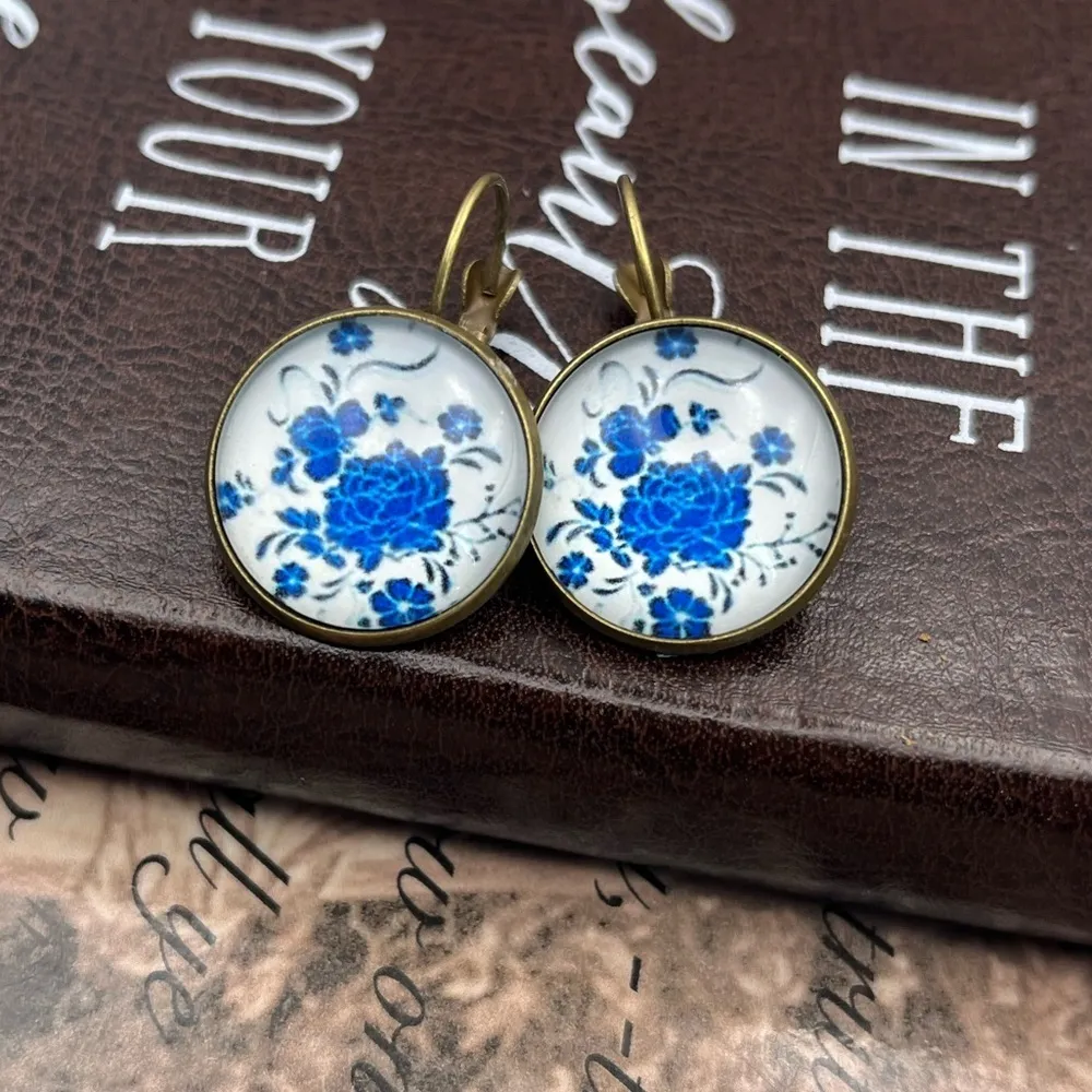 Blue Floral Glass Cabochon Brass Dangle Earrings - Image 2