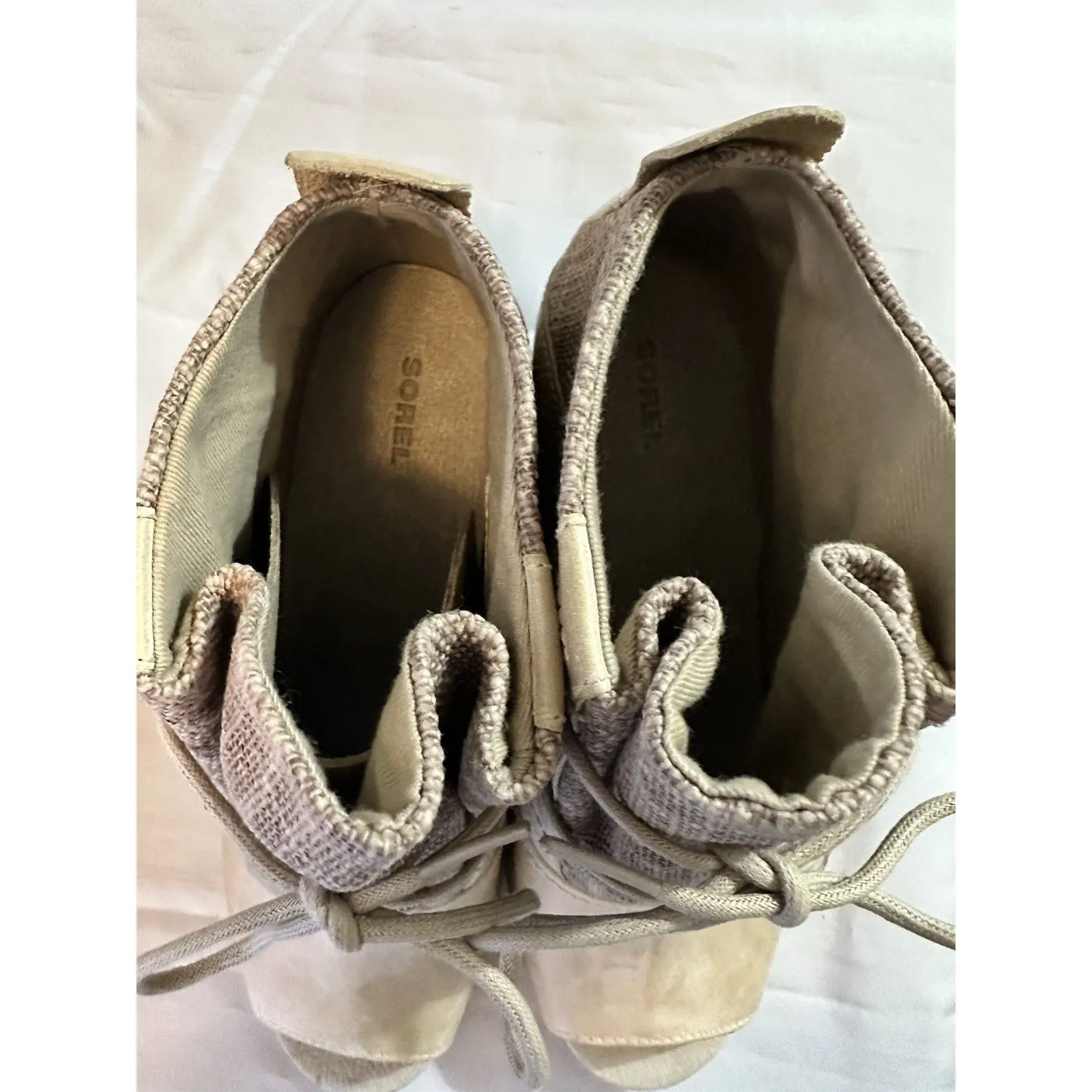 Sorel Joanie Beige Canvas Leather Wedge Heel Lace Up Bootie Sandal Peep Toe Sz 9 - Image 9