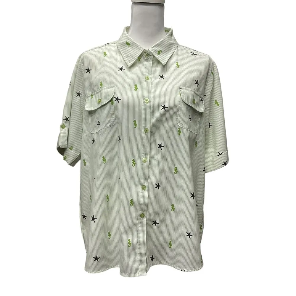 American Sweetheart Stars‎ Seahorse Stripe Blouse Shirt Button Up Sz L Nautical Green Size L - Image 3