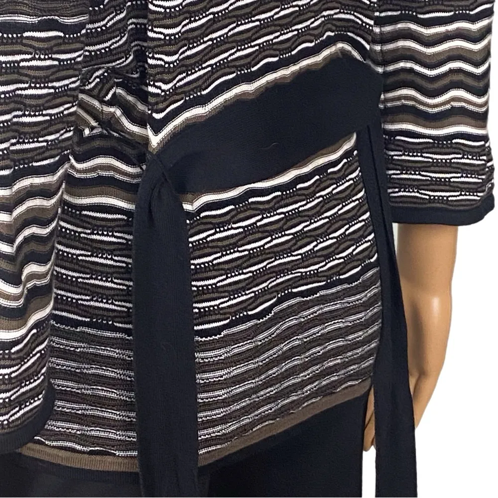 BCBGMAXAZRIA black brown white striped wrap sweater with tie belt Medium EUC - Image 9