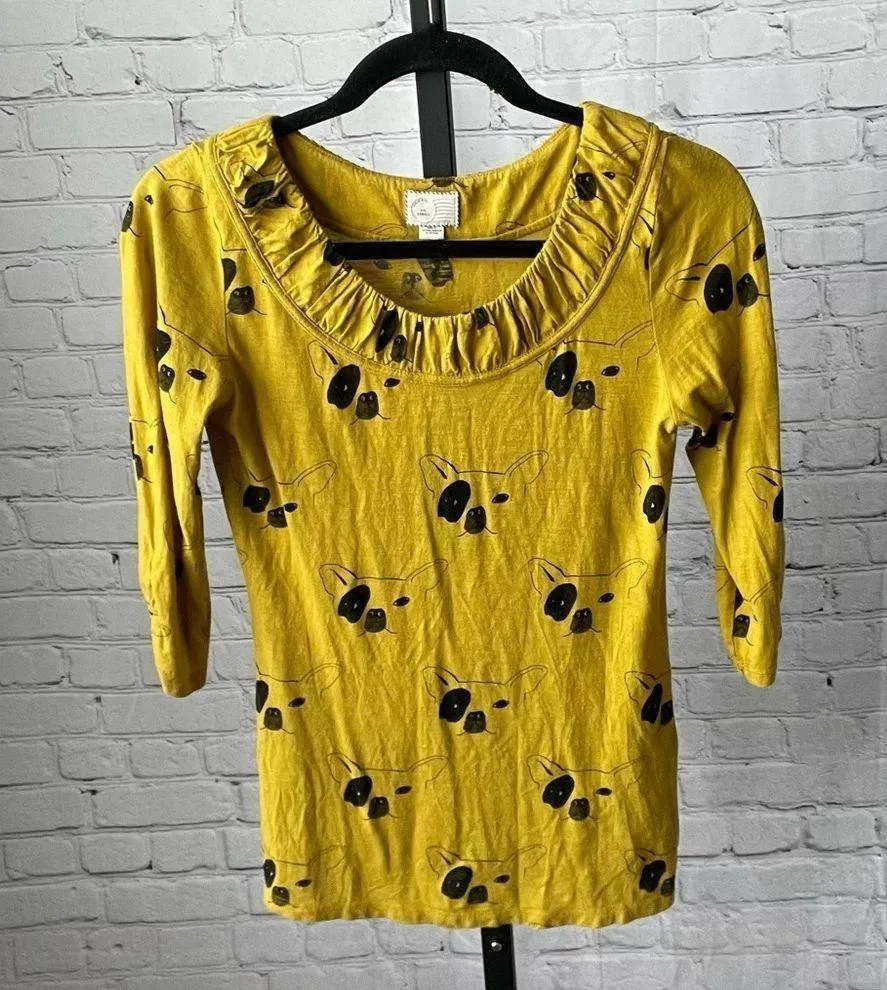 Anthropologie Postmark Top Boston Terrier Dog Ruched 3/4 Sleeve Mustard Size XS - Image 3