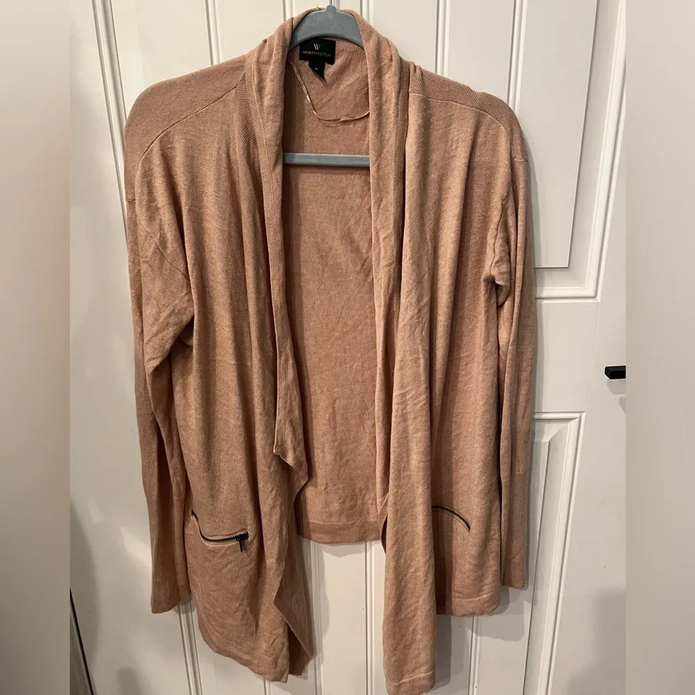 Worthington medium Tan Cardigan Sweater Lightweight Open Front zipper pockets - Image 4