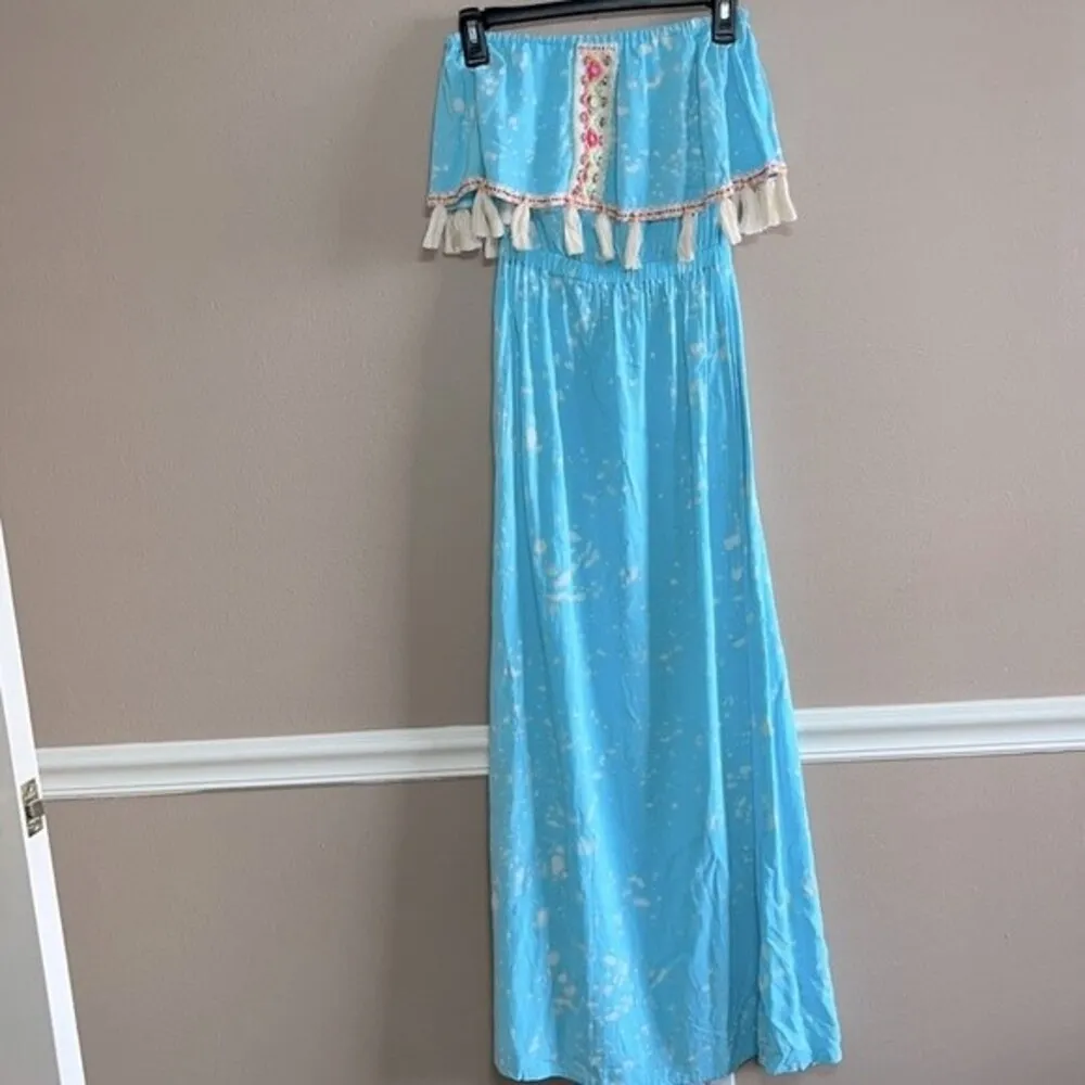 Women’s Skemo light blue bleach spotted tasseled sleeveless maxi dress beach - Image 2