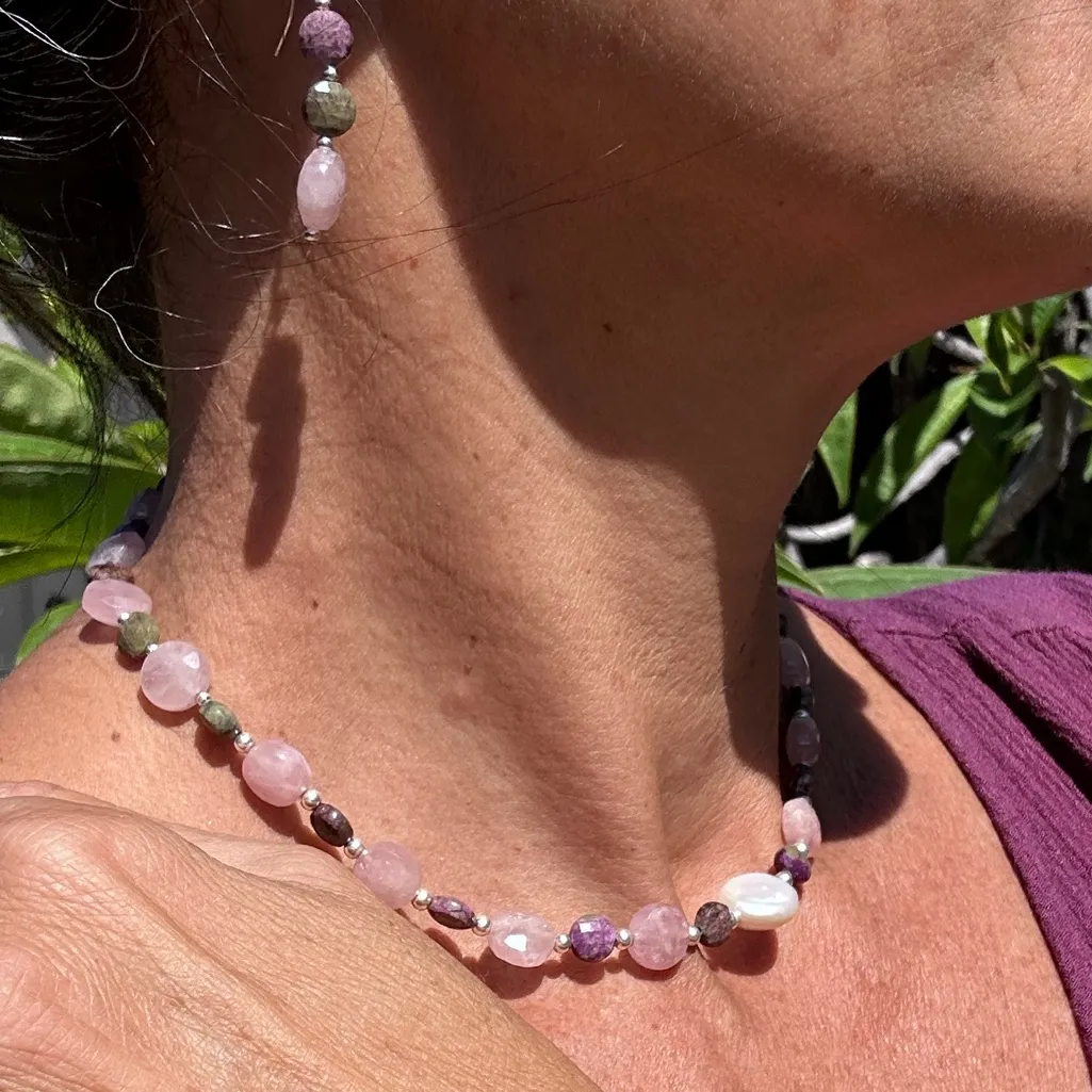 Rose Quartz Atlantisite Coin & freshwater pearl Set in .925 Sterling Silver S14 Pink - Image 5