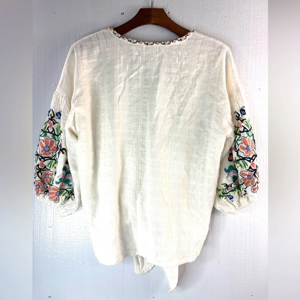 Max Studio L Boho Embroidered Cotton Front Tie Top - Image 3