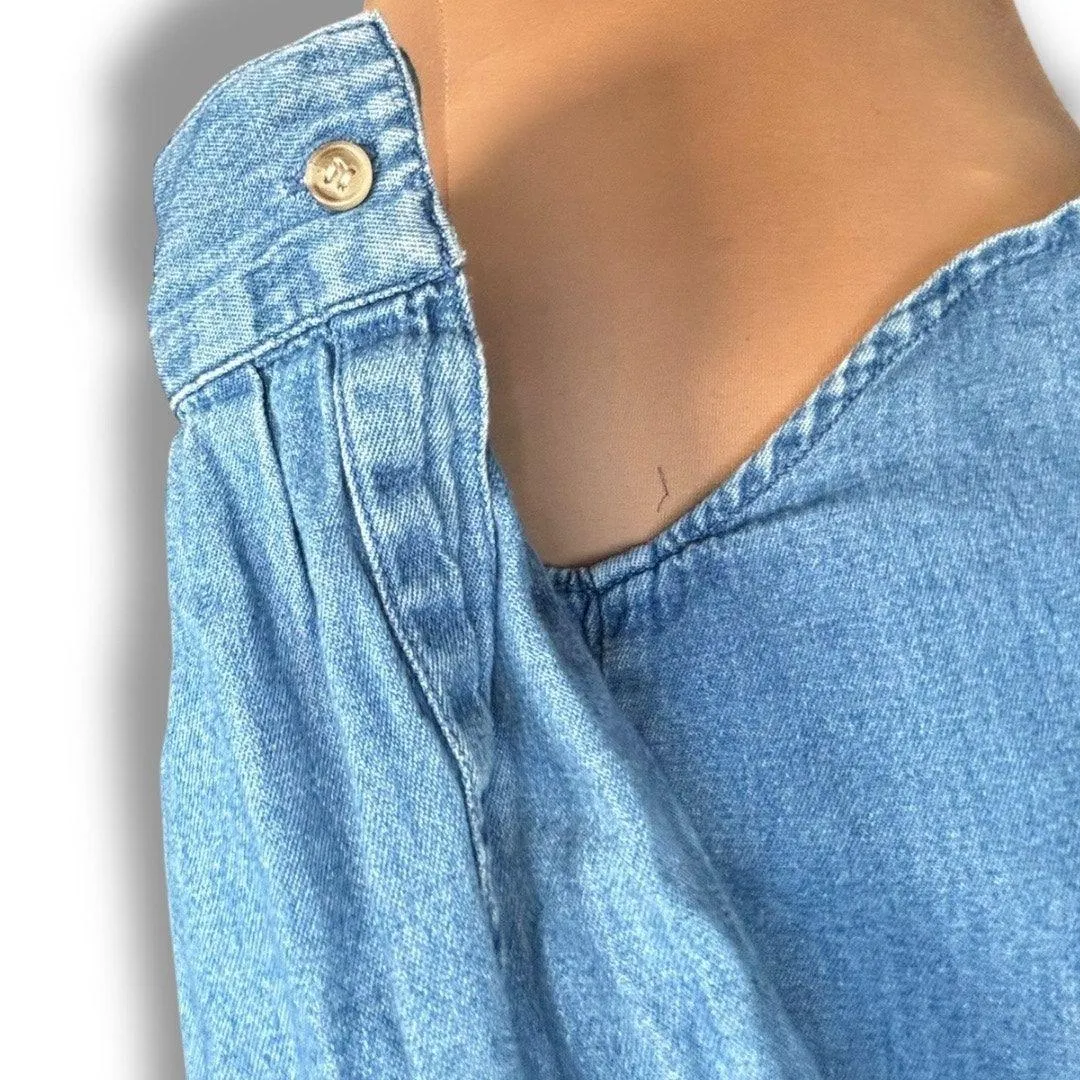 90s Chambray Denim Shirt Folk Art Embroidered Festive Angels Christmas Top Med Blue - Image 4