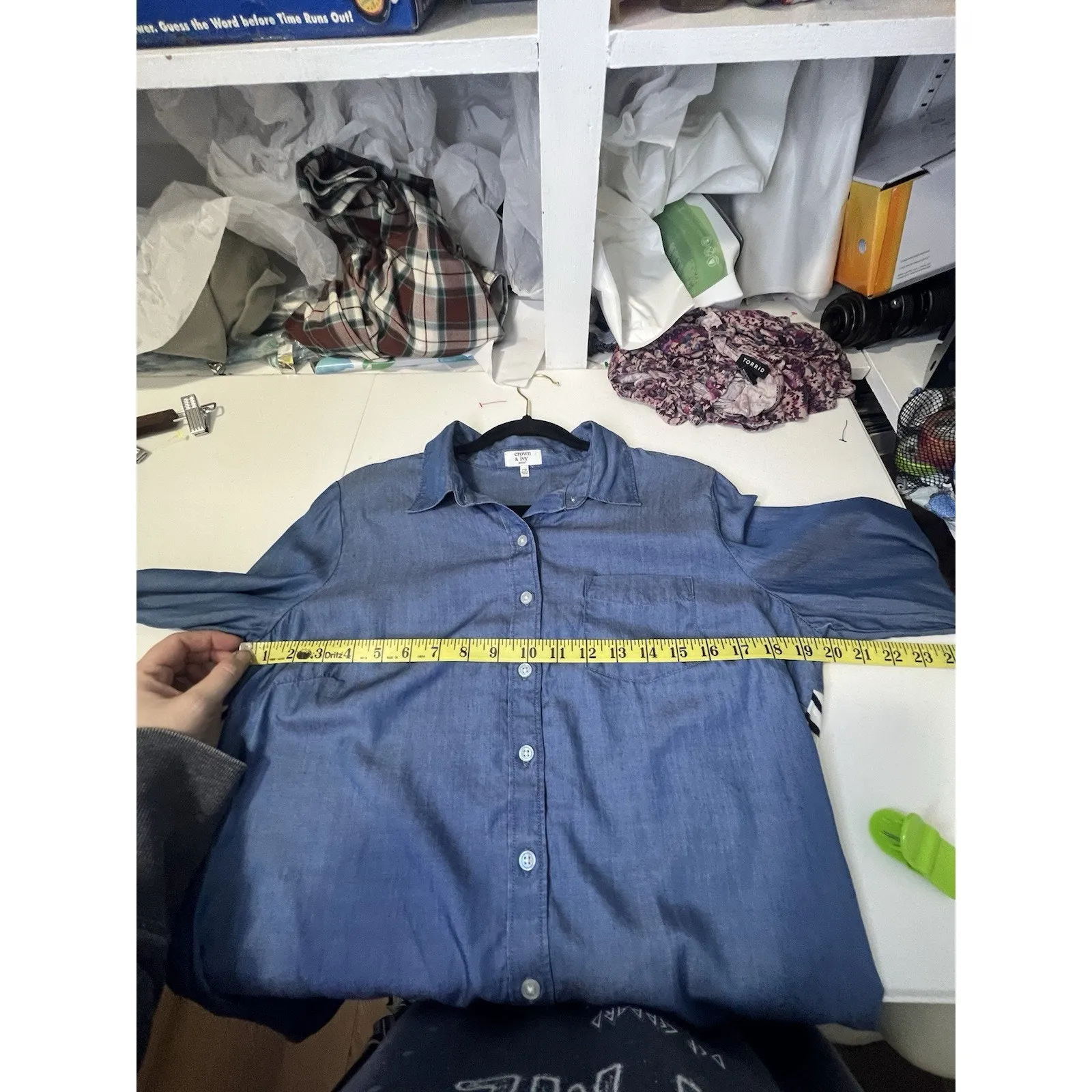 Crown Ivy Women’s Size Medium Petite Denim Button Down Shirt Black Striped Back - Image 7