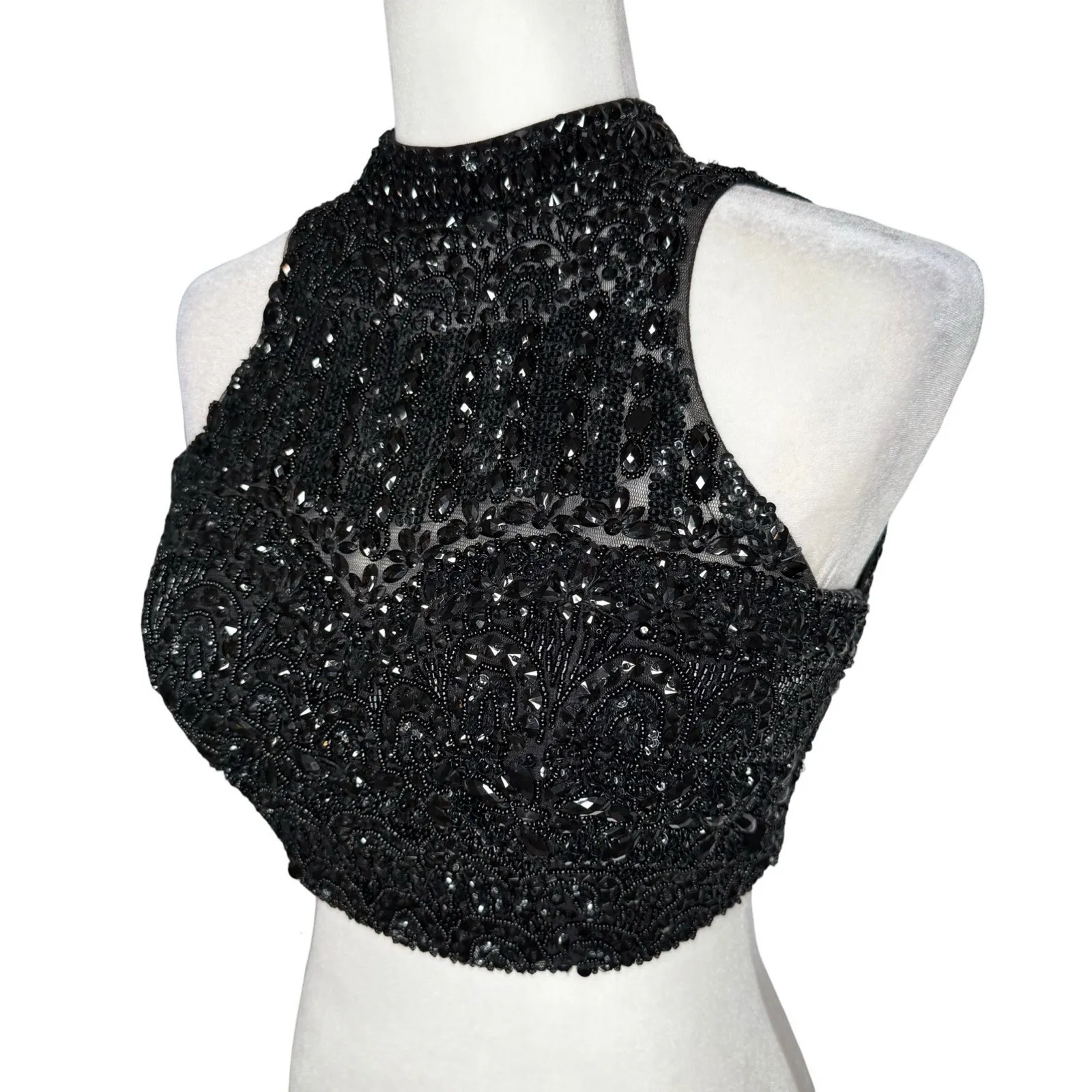 90s Evening Vintage Beaded Halter Crop Top XS 2 Black Sheer Backless Fairy Party - Image 2