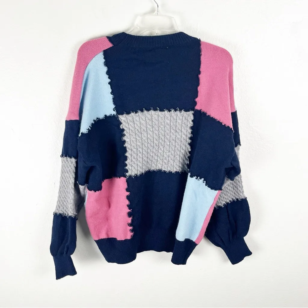 ADORA Multicolored Long Balloon Cuff Sleeves Patchwork Floral Detail Sweater M/L Size L - Image 2