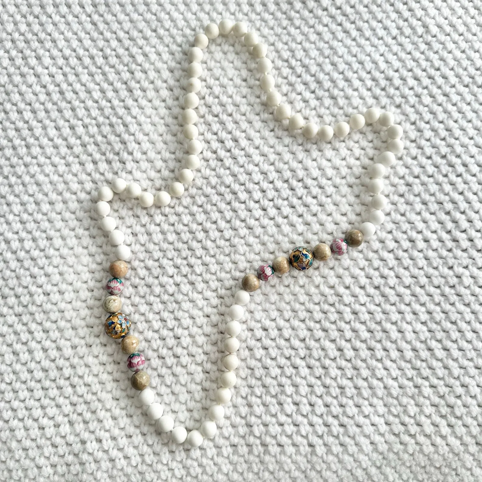 Vintage Angel Skin Coral Round Bead Infinity Necklace Cloisonne Brown Stonework White - Image 5