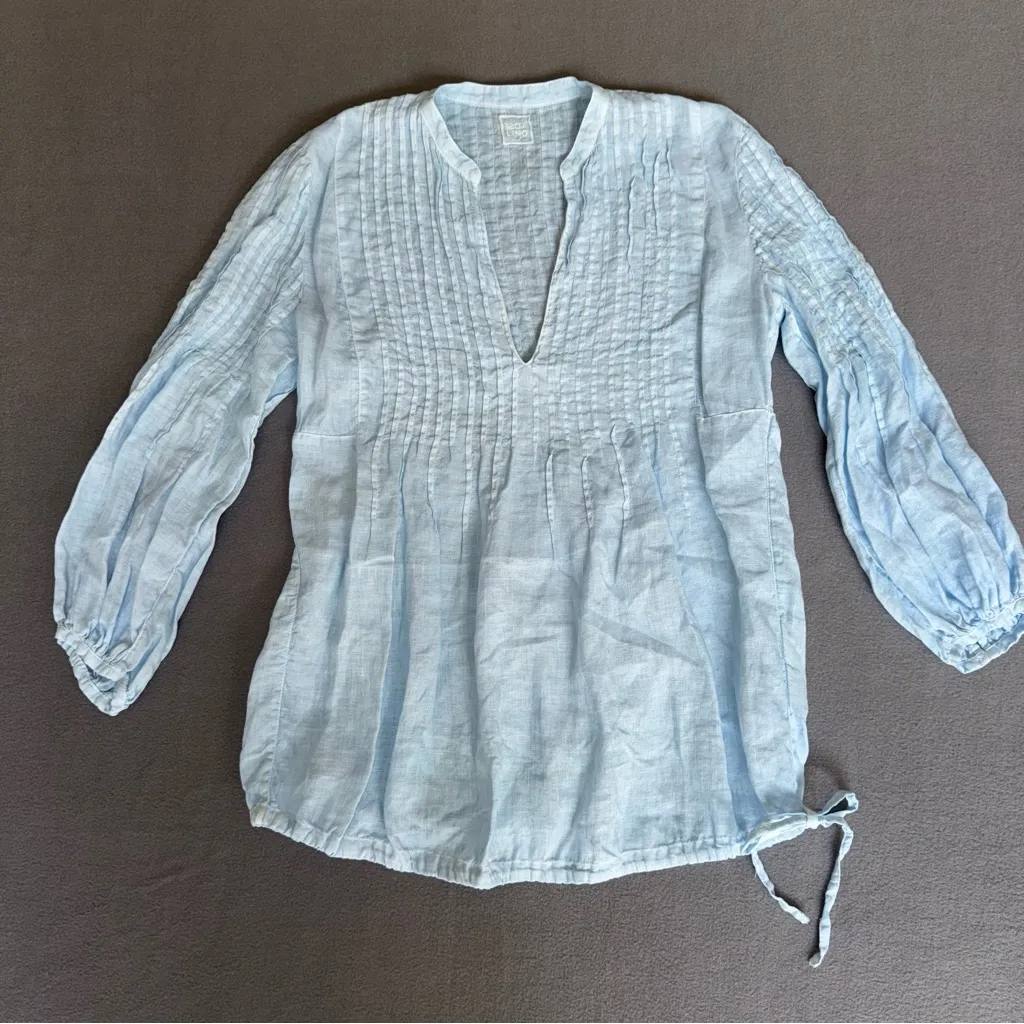 120% Lino Sky Blue‎ Women's Mandarin collar Drawstring Bottom Shirt size large Blue - Image 14