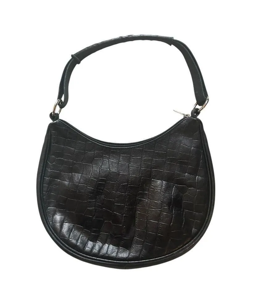 Maurizio Taiuti Leather Handbag Shoulder Bag Black Embossed Croc Half Moon Hobo - Image 3