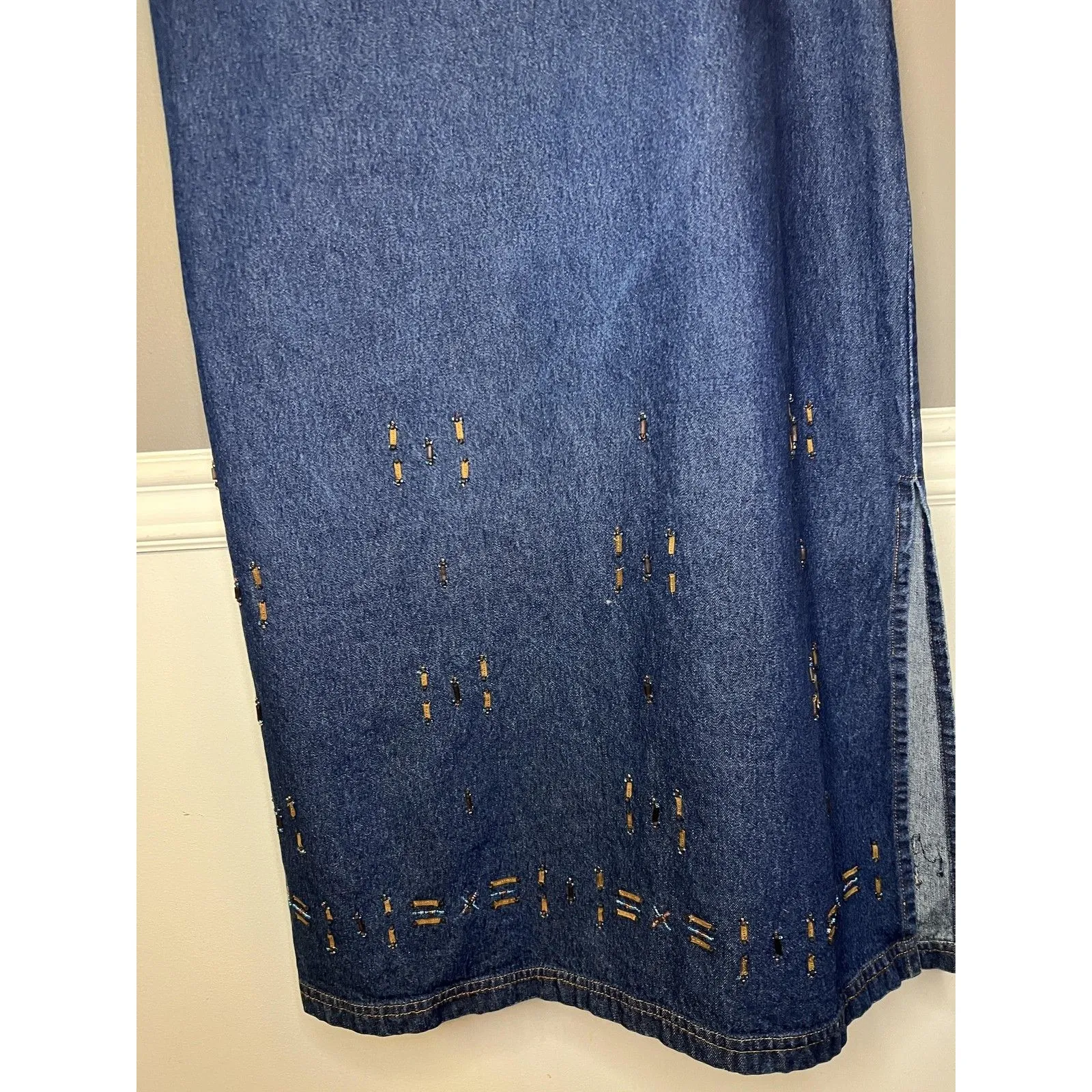 Parsley & Sage Dress Womens Large Blue Denim Beaded Hem Tank Maxi Sleeveless - Image 3