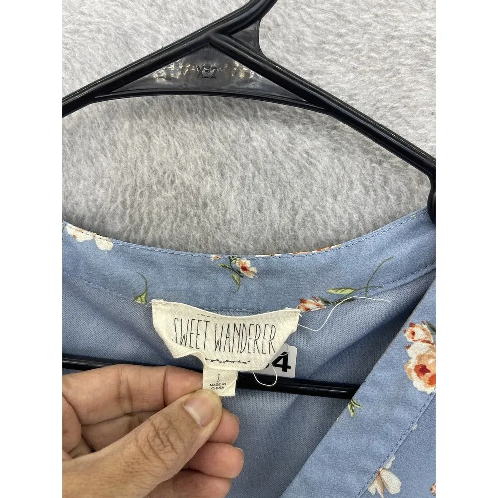 Sweet Wanderer Women's Blouse Blue Floral Peplum Surplice Small Ruched Sleeve - Image 12