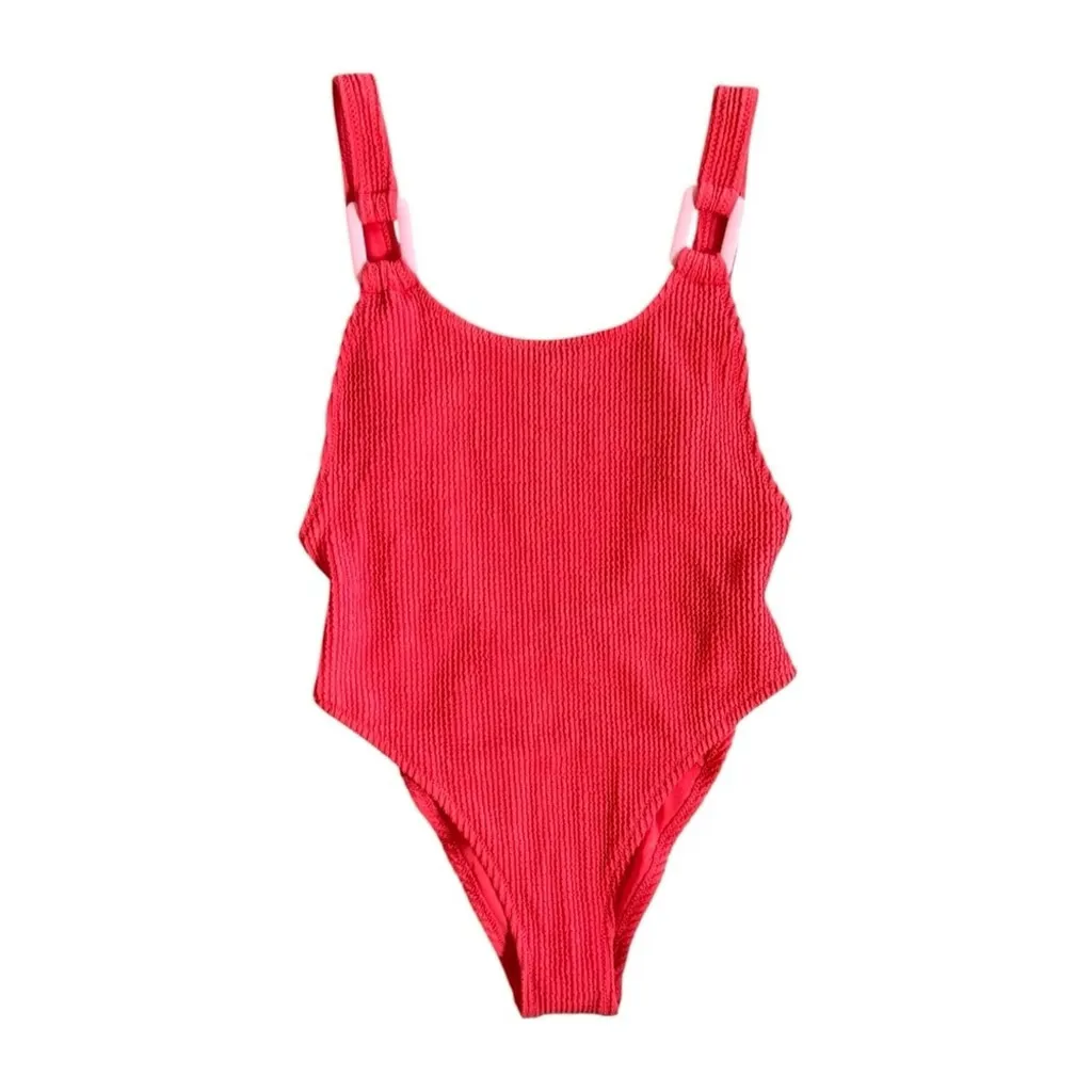 NWT Aerie Crinkle Birthday Scoop Cheekiest One Piece Swimsuit XS Red Pink Buckle - Image 8