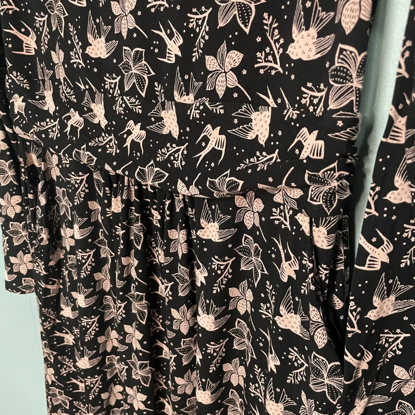 Boden Black Pink Bird Floral Long Sleeve Midi Dress size 8 - Image 3
