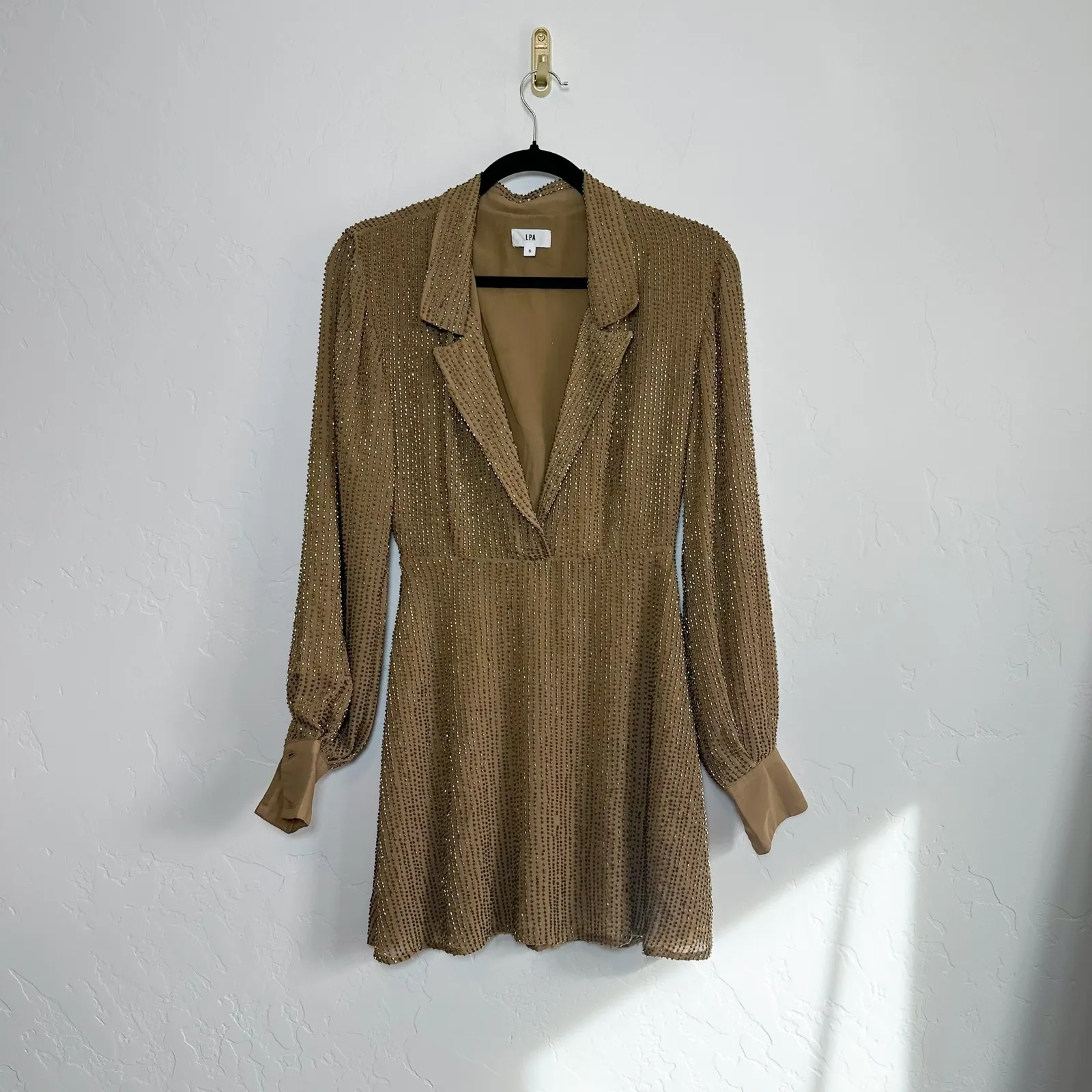 LPA | Beaded 61 V-Neck Mini Dress in Army Taupe Tan size Small - Image 3