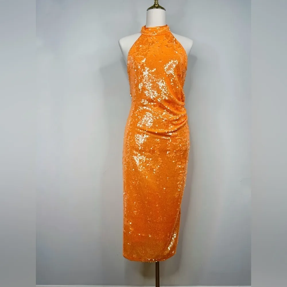 NEW Caroline Constas Bright Orange High Neck Sequin Midi Dress Size Medium - Image 2