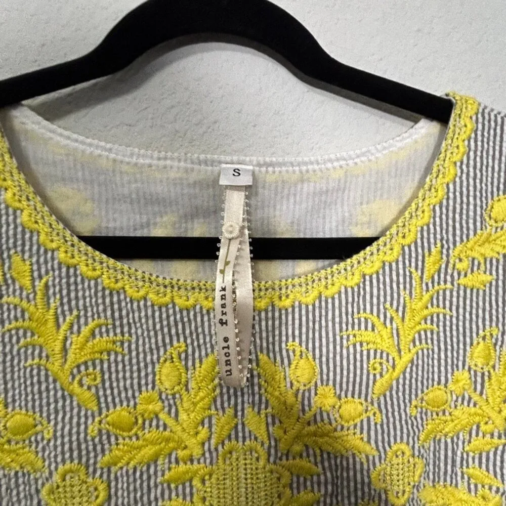 Uncle Frank Seersucker Embroidered Shift Dress Grey White Railroad Stripe Sz S - Image 4