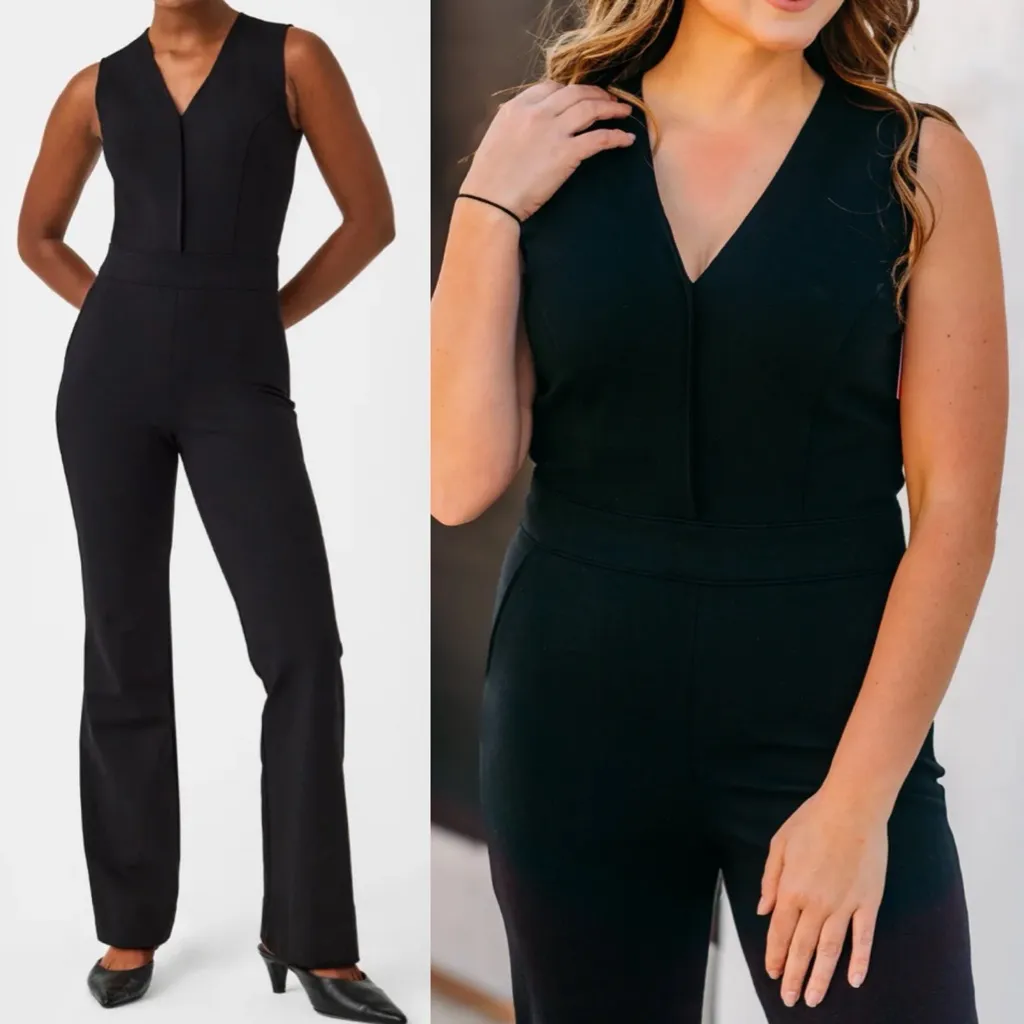 SPANX The Perfect Sleeveless Jumpsuit Ponte Knit Classic Black Flare Wide Leg - Image 4
