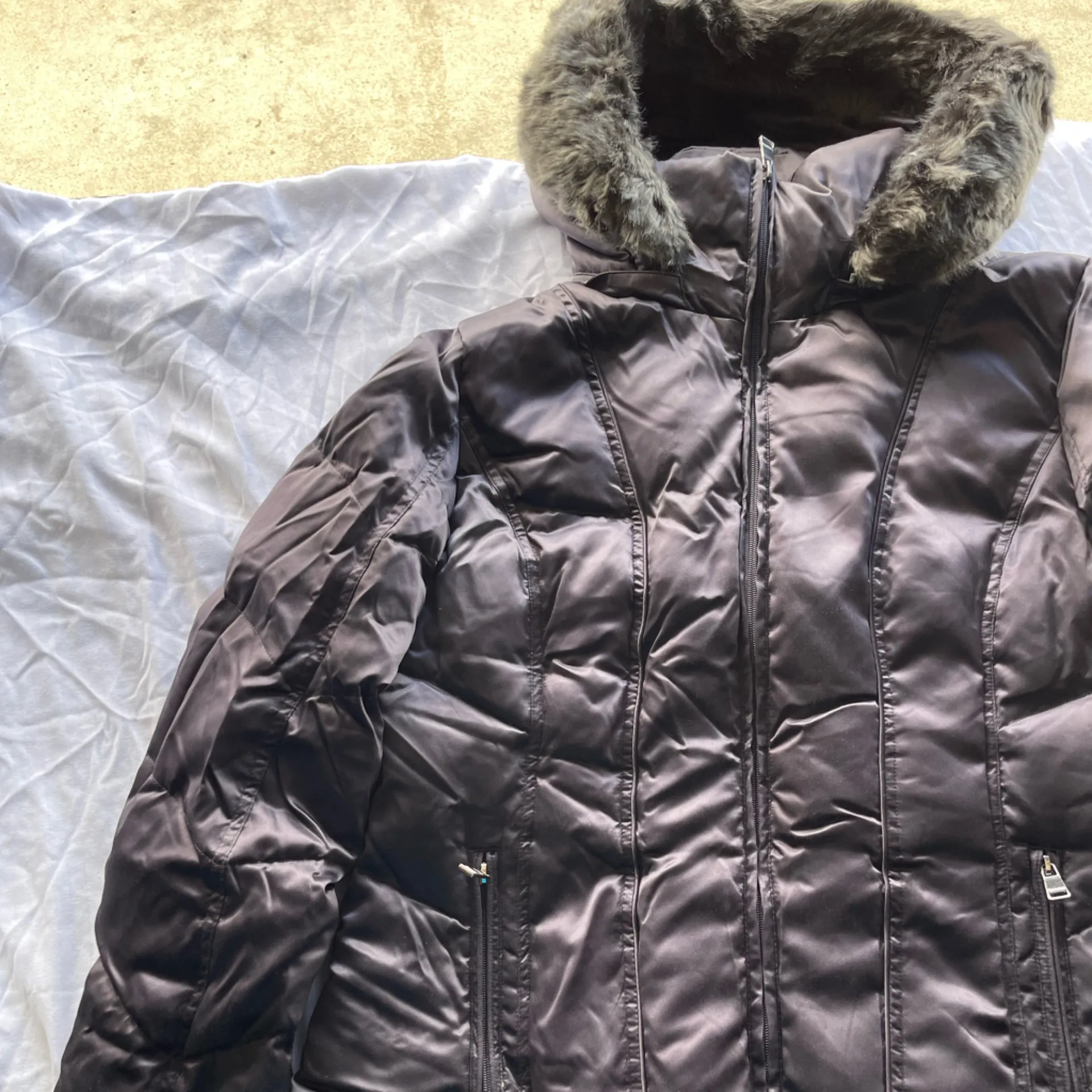 Calvin Klein Gray Silver Brown Faux Fur Hood Women’s Sz XL Puffer Coat - Image 3