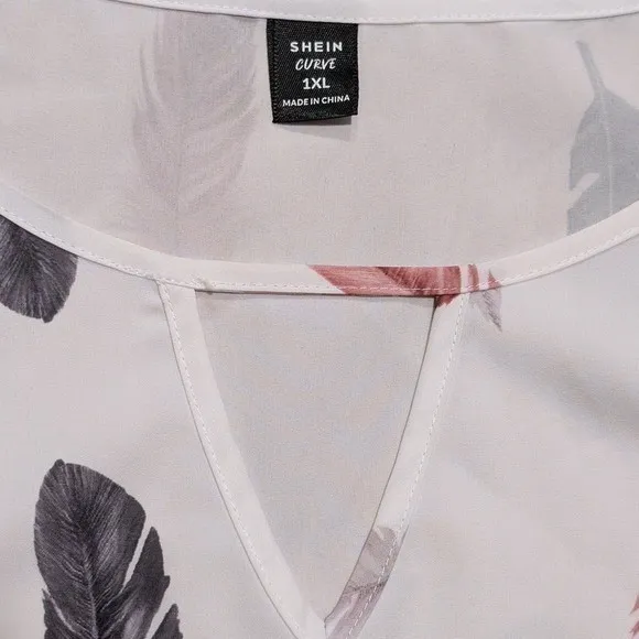 SHEIN Feather Print Blouse Plus 1X 14 16 Cutout Neckline Top Shirt Career Work - Image 2