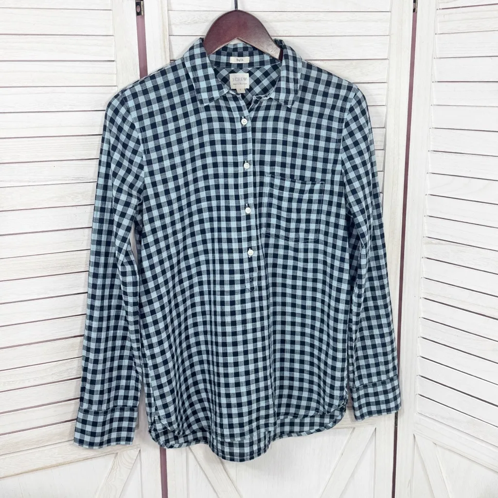 J. Crew Boy Fit Plaid Check Half Button Up Pullover Shirt Blue Small - Image 7