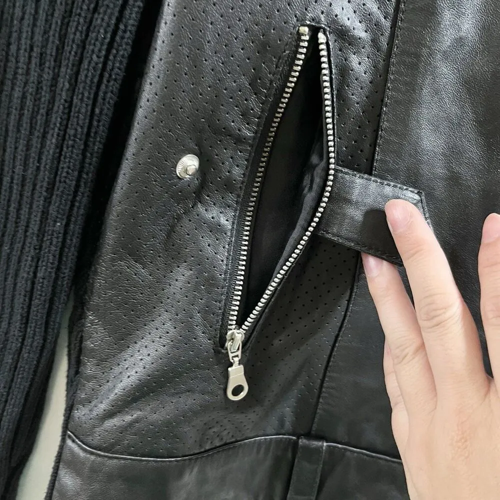 Vintage 90s Y2K Maurice Sasson Leather Biker Jacket Size L Black Ribbed Knit Size L - Image 6
