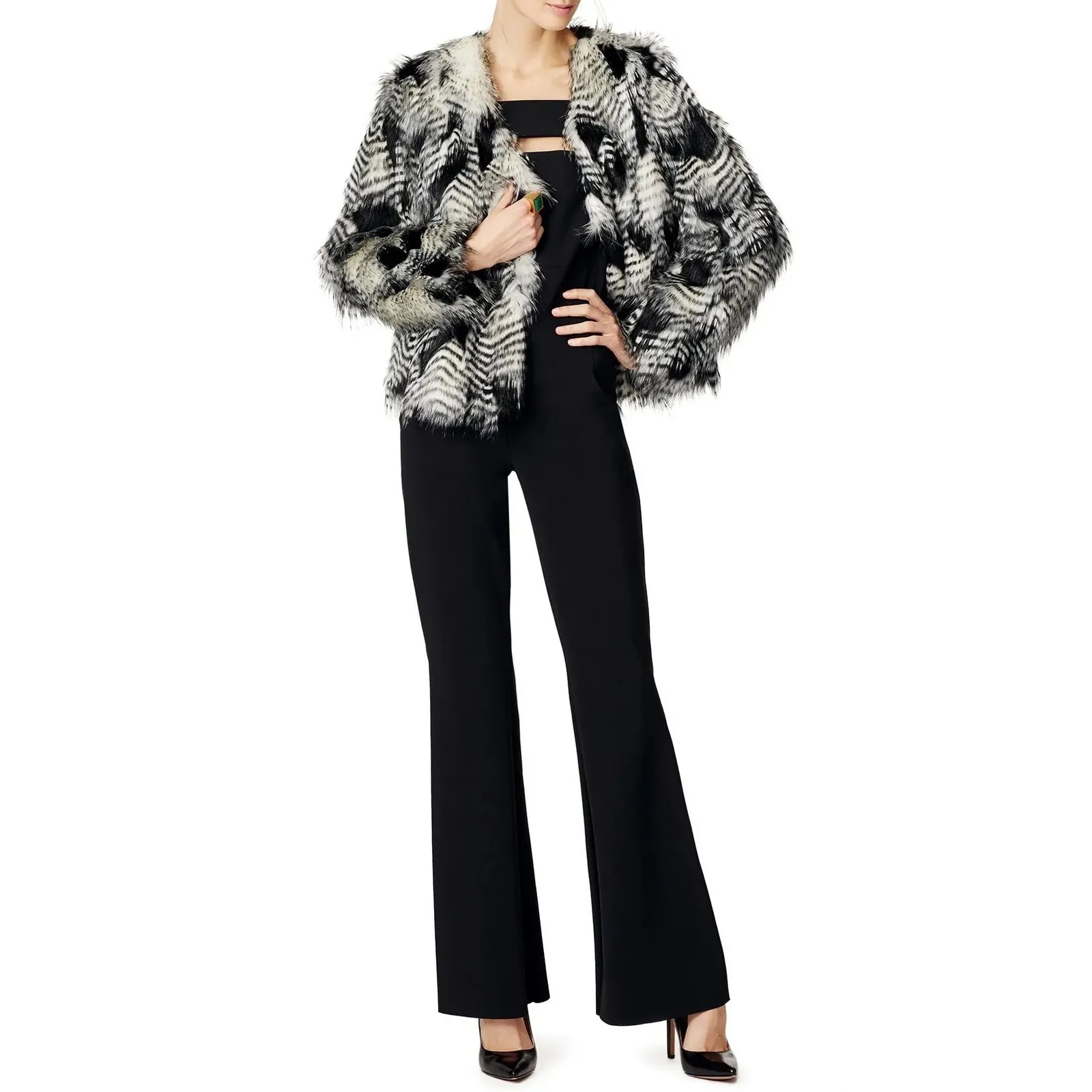 Trina Turk Dark Room Black White Feather Pattern Faux Fur Jacket Coat Size M - Image 12