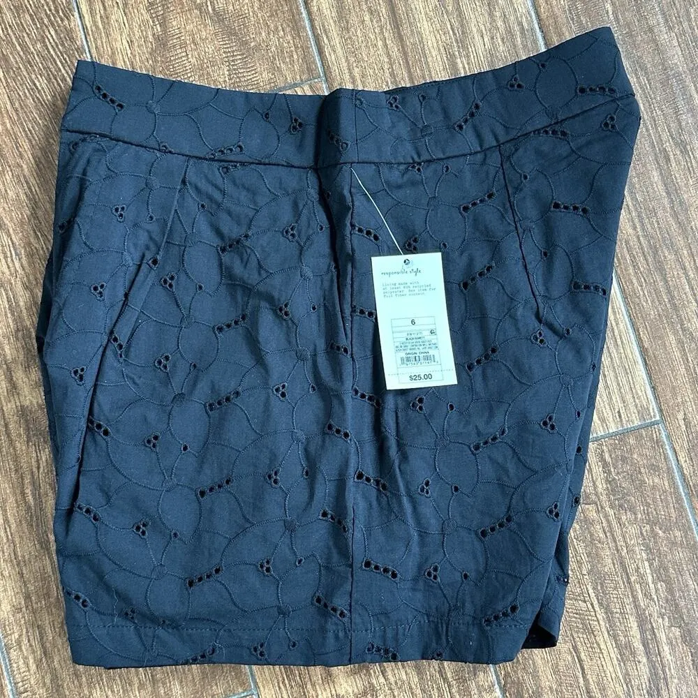 A New Day Women's High-Rise Pleated Eyelet Cotton Short Black Size 6‎ Cottage - Image 4
