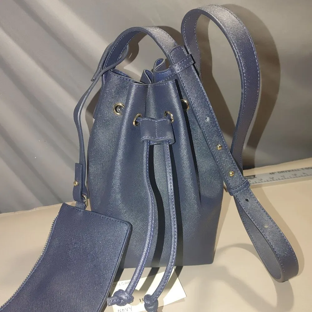 Hide Zabari Navy Blue Drawstring Bucket Bag Detachable Pouch Adjustable Strap - Image 3
