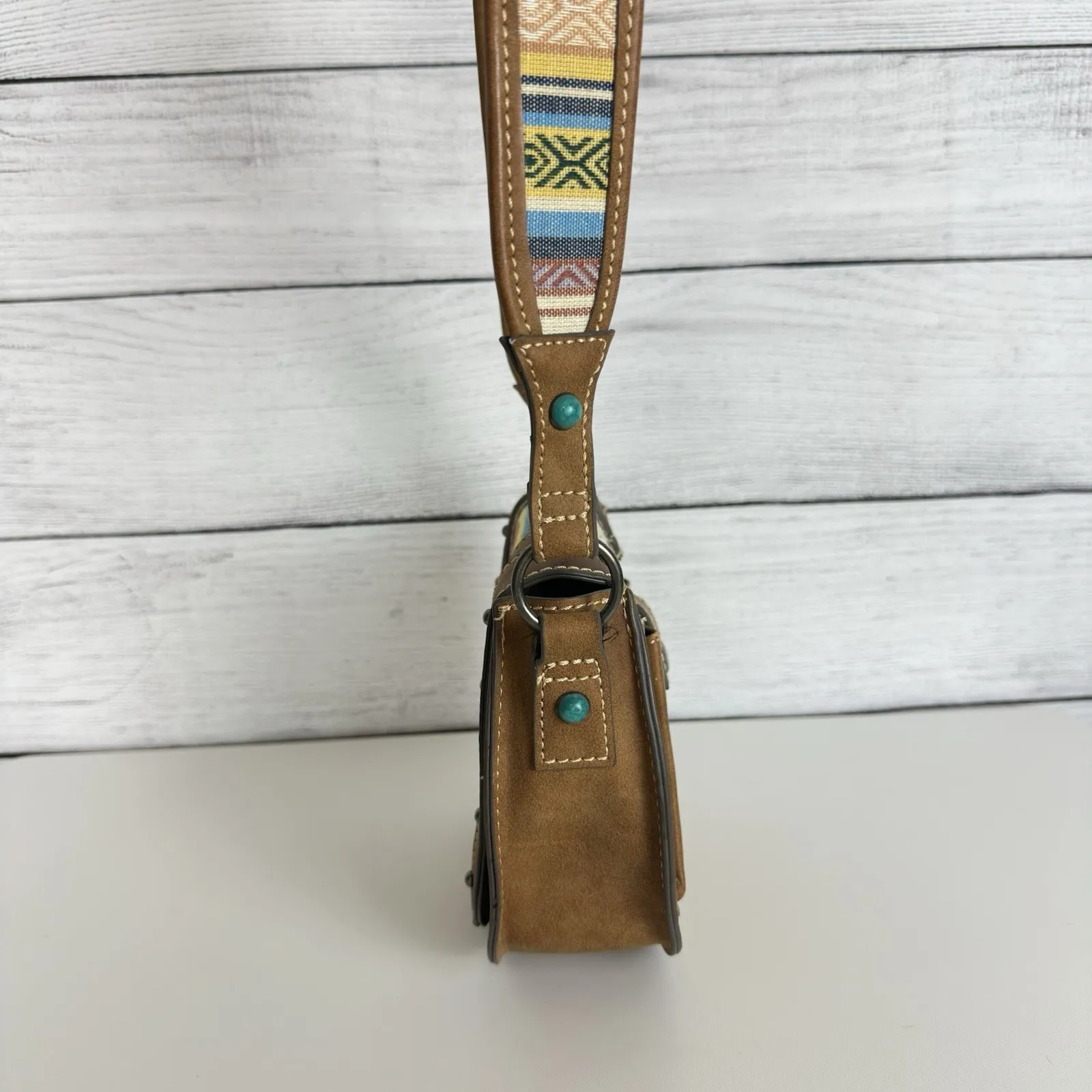 Tony Lama Woven Accent Colorful SaddleBag‎ Leather Southwestern Crossbody Purse - Image 4