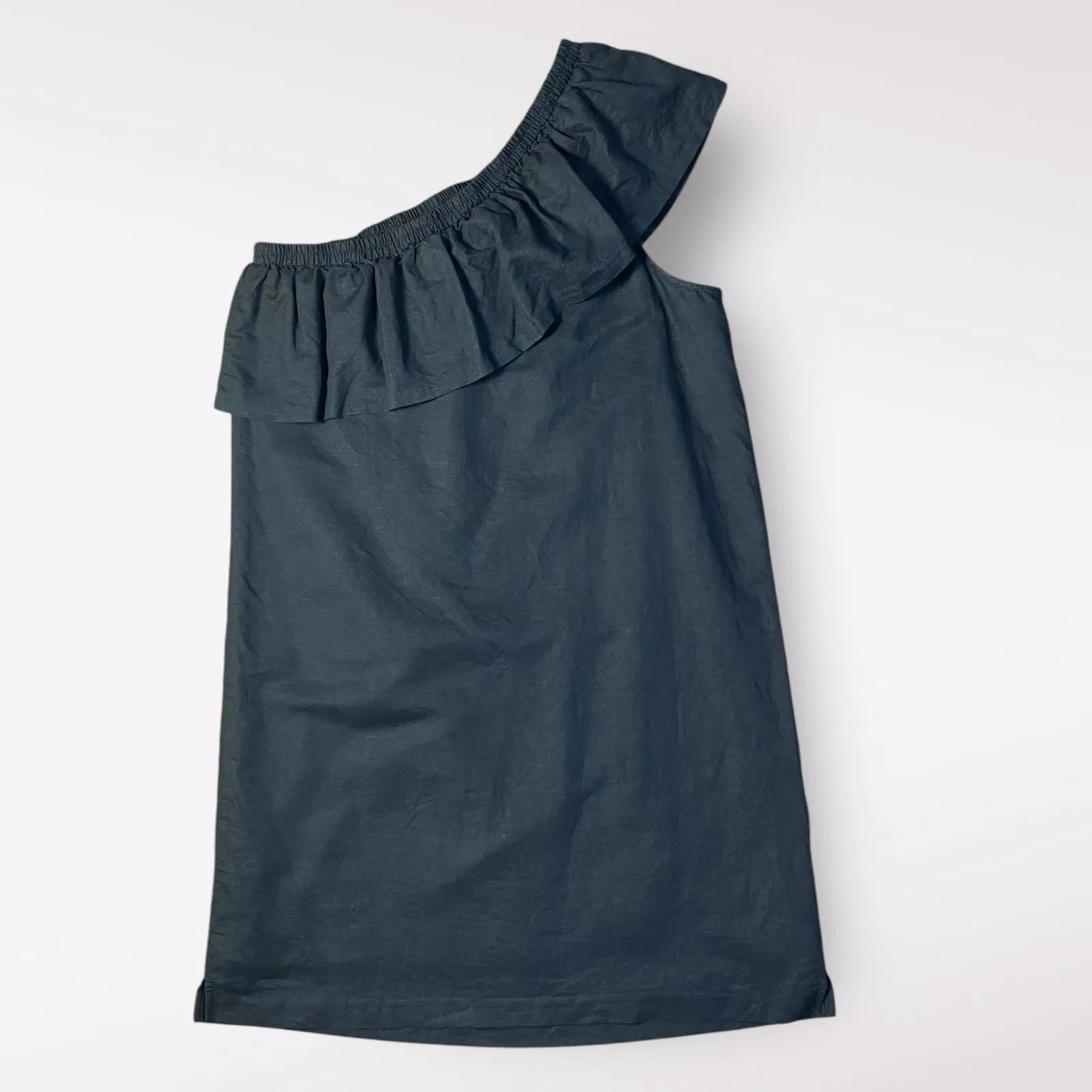 J.Crew Black Ruffled One Shoulder Linen Cotton‎ Mini Dress Size M Boho Preppy - Image 3