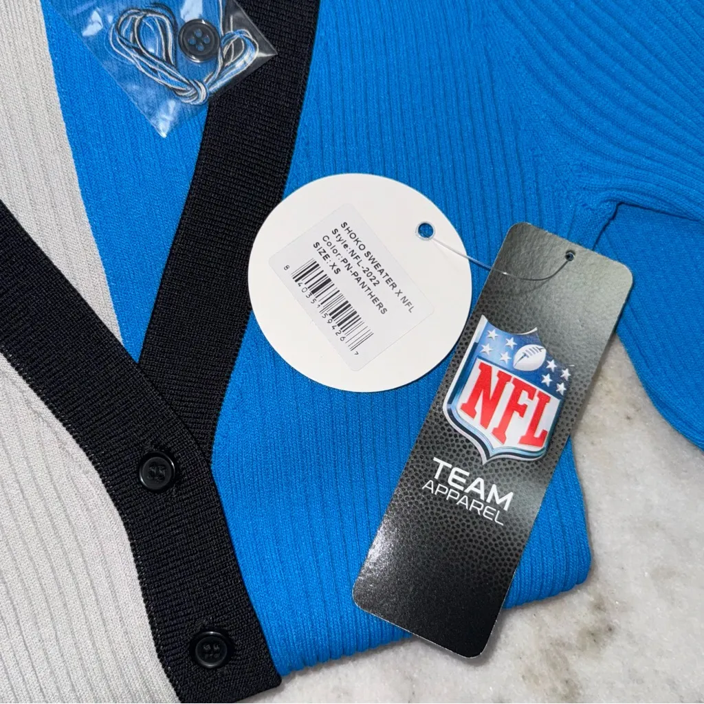 STAUD x Carolina Panthers Shoko Knit Sweater Dress Cardigan Blue Silver Size XS - Image 12