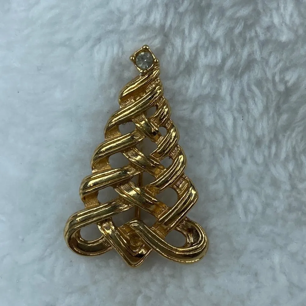 Avon Marked Gold Tone Braded Christmas Tree Holiday Jewelry Pin Brooch - Image 13