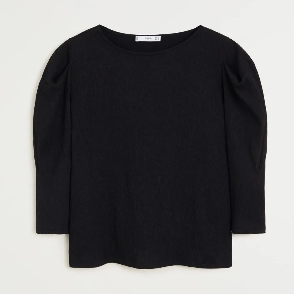 NWT Mango Puffed Sleeves Pleated T-shirt in Black 67044429 Plis - Image 3