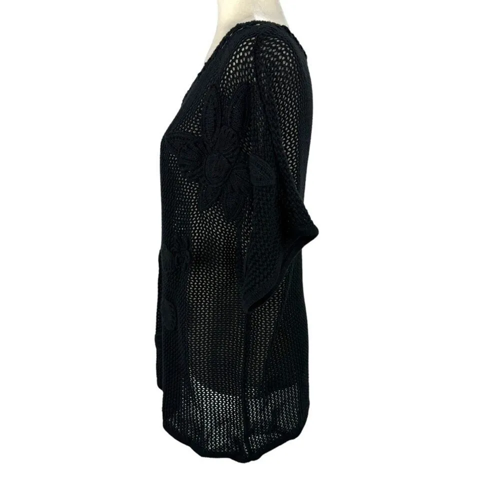 New Chico's Black Floral Crochet Applique Open Knit Short Sleeve Sweater Size XL - Image 6