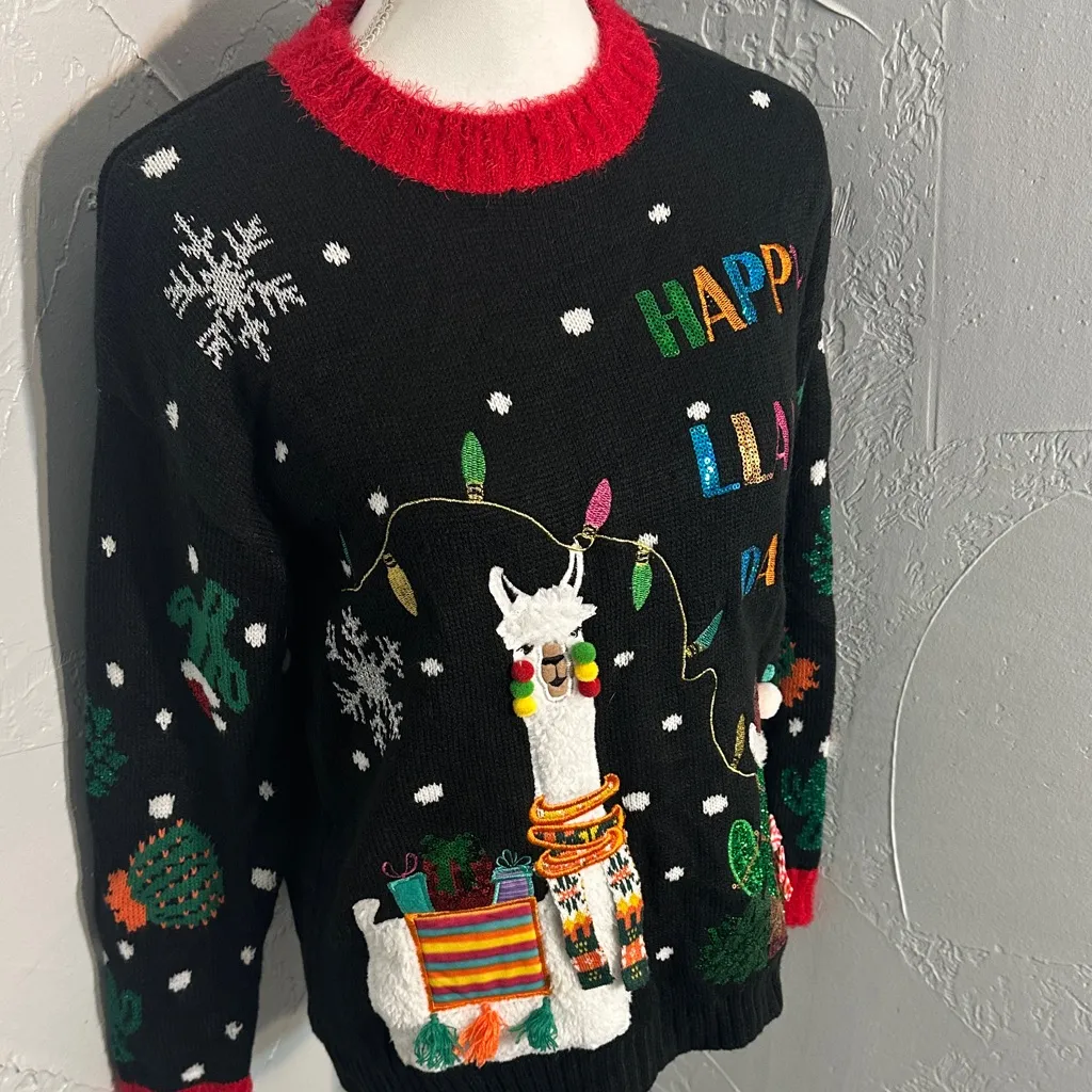 Holiday Time Black Festive Llama Sweater - Image 3