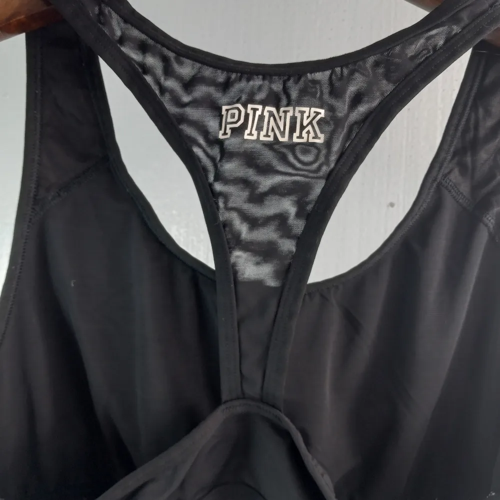 VS PINK L Athletic Racerback Bra In Black W White Dog - Image 3