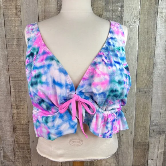 Decree Size 3X Tie Dye Ruffle Hem Tie Front Bikini Padded Top w/Side Wir… - Image 1