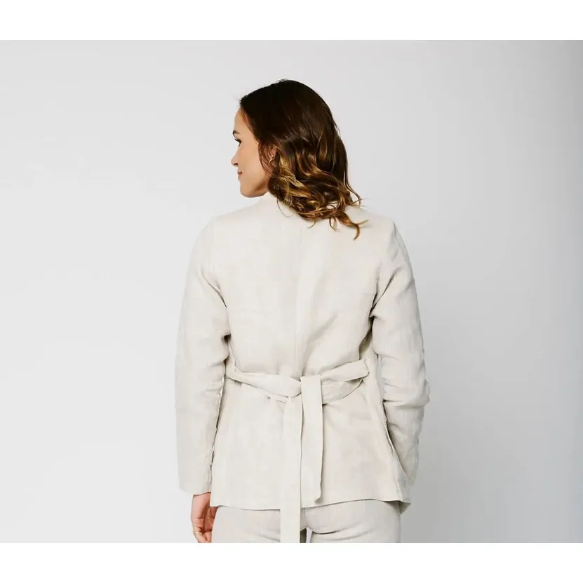 HANNAH LAVERY Linen Shawl Collar Wrap Blazer Jacket Neutral Size 8 Tan - Image 2