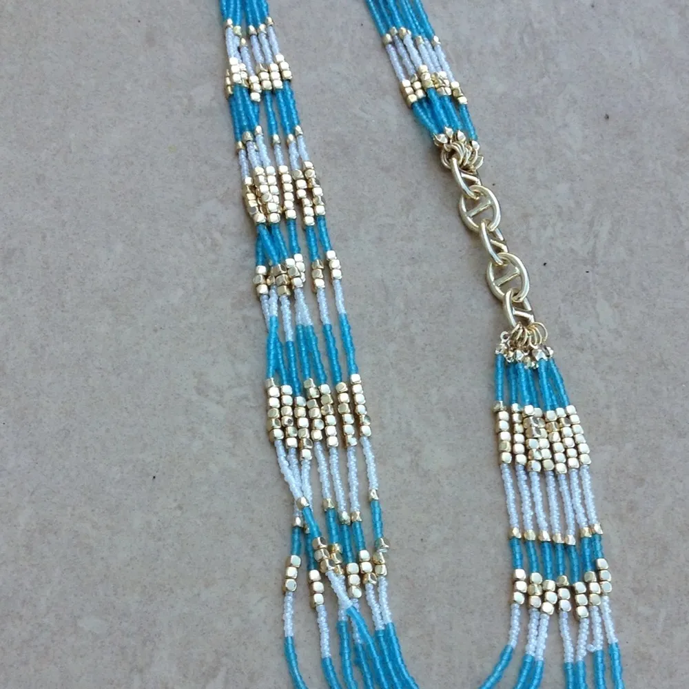 Gold Tone Blue & White Graduated Bead Strand Neck - Image 2