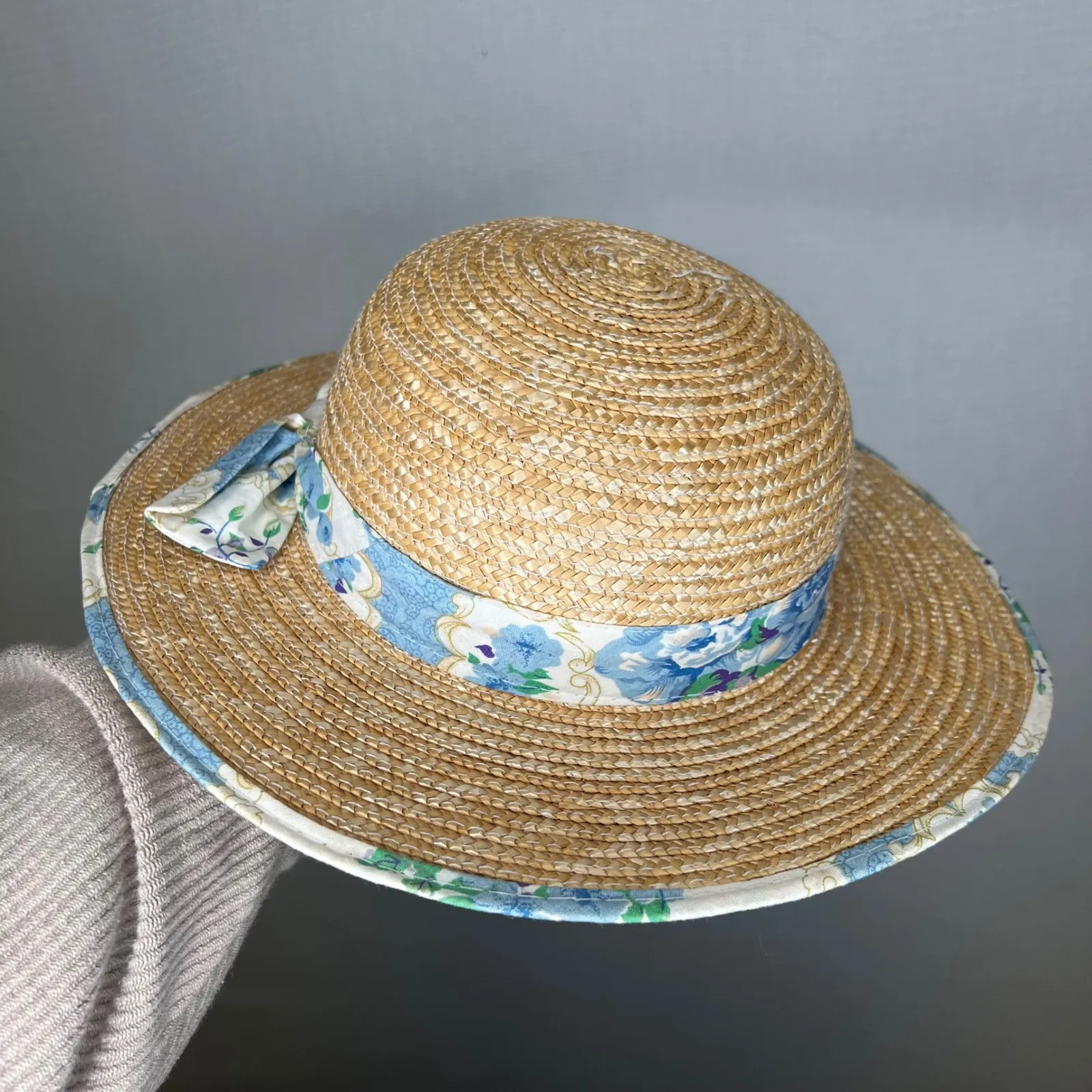 Straw Sun Hat Wide Brim Floral Ribbon Bow Beach Vacation Womens Tan - Image 2