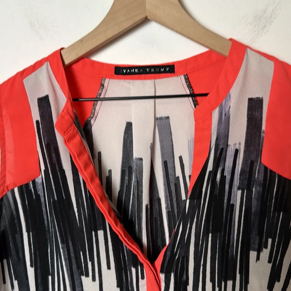 Ivanka Trump Women’s Sleeveless Sheer V-Neck Blouse Orange Black and White - Image 2