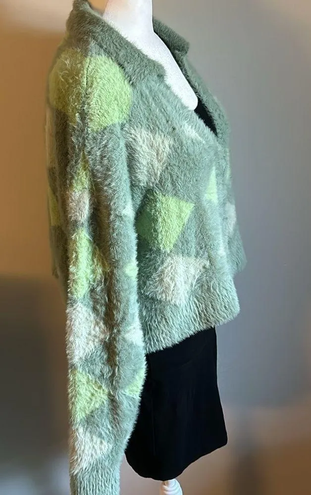 New Cotton On Fluffy Rib Eyelash Cropped Argyle Button Up Cardigan Sweater - Image 2